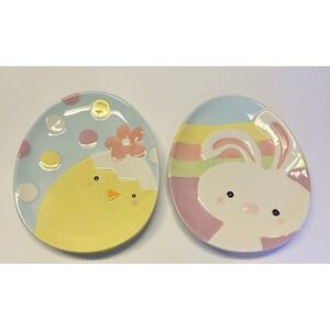 Fresh Decor Easter Egg Plates Set of 2 Ceramic Bunny Chick Pastel Spring Decor